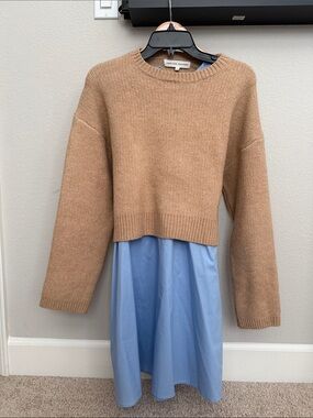 English Factory Camel Cropped Sweater over Light Blue Dress